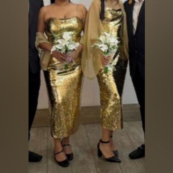 GB Gold Sequin Bodycon Midi Dress Scoop Neck Spaghetti Strap Size L - Picture 3 of 6